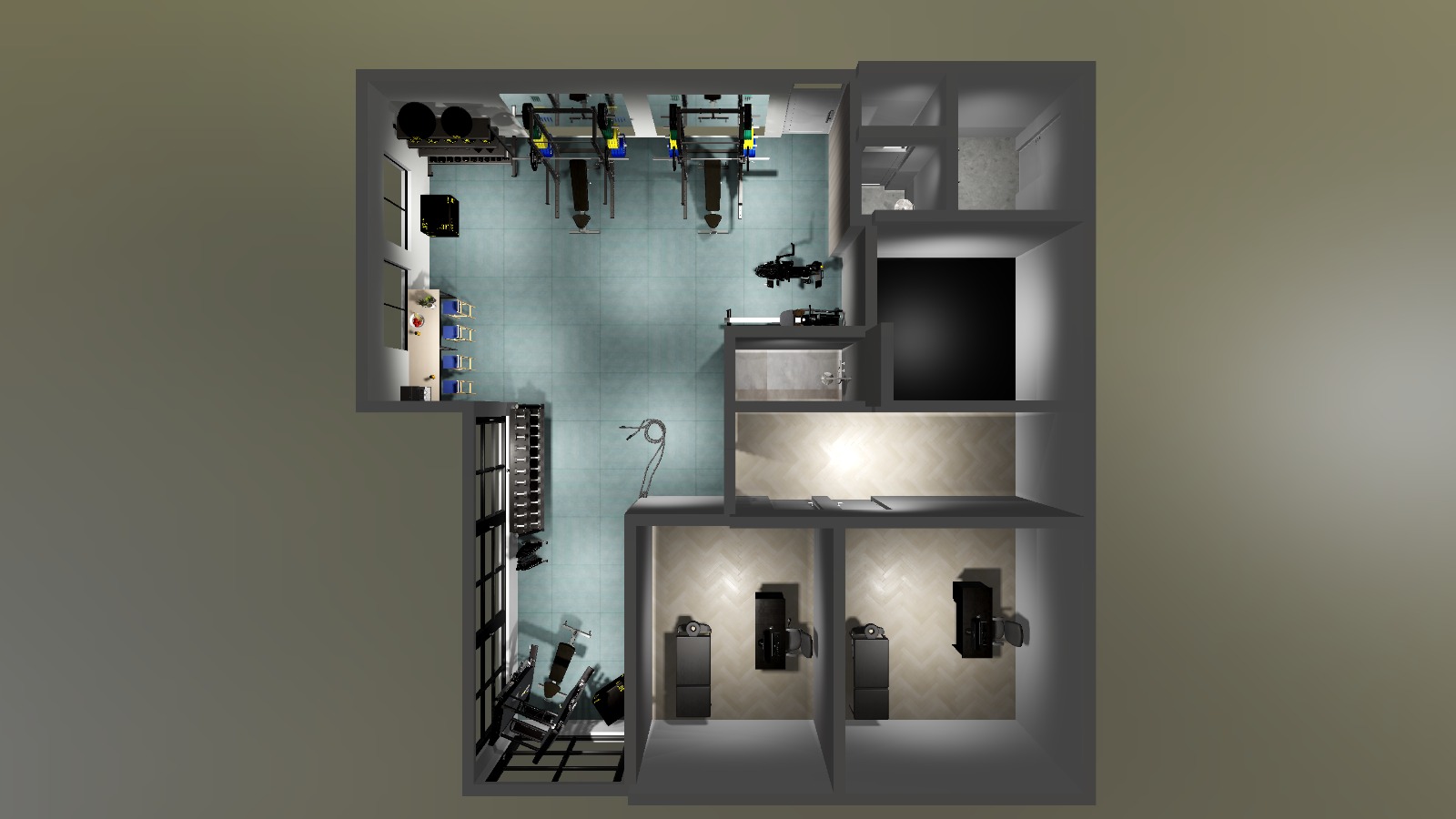 Aangeleverde 3D-impressie van een trainingsstudio met racks, vrije trainingsvloer en aangrenzende kamers